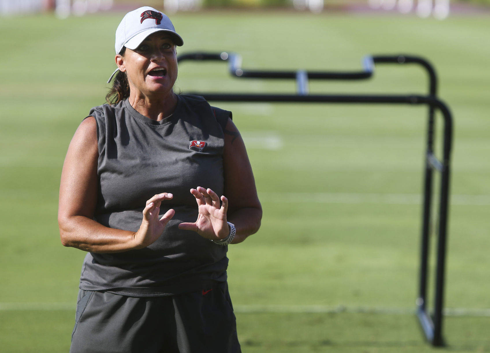 Tampa Bay Buccaneers assistant defensive line coach Lori Locust on the field during mandatory mini-camp on June 5, 2019 at the AdventHealth Training Center in Tampa, Fla.